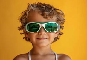 ai generado linda chico vistiendo verde Gafas de sol mientras sonriente dentro cámara en un amarillo antecedentes foto