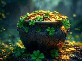 AI generated the pot of coins with five shamrocks on it photo