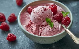 AI generated a bowl with ice cream, raspberries, and a spoon with the scoop in the middle photo