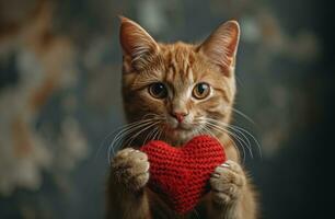 ai generado un jengibre gato participación un rojo corazón y señalando a el cámara foto