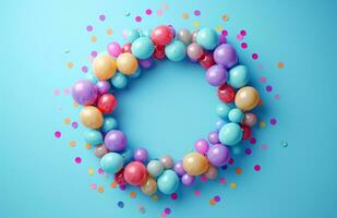 AI generated confetti, balloons and decorations arranged in a circular pattern over a blue background photo