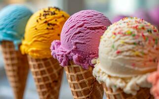 AI generated ice creams with several different flavors of ice cream in cones photo