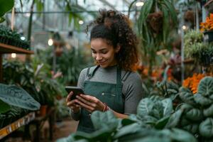 ai generado mujer en delantales en pie en un jardín Tienda comprobación fuera plantas en su teléfono foto