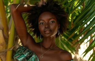 AI generated a natural hair model in green and silver dress is posing on a palm plant photo