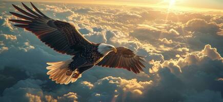 AI generated eagle with american flag above the clouds photo