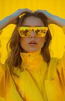 ai generado un mujer en amarillo color posando con Gafas de sol foto