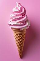 AI generated ice cream cone with cream in background on pink background photo