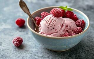 AI generated a bowl with ice cream, raspberries, and a spoon with the scoop in the middle photo