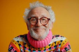 AI generated older man wearing glasses in a cheerful sweater with pink pompom photo