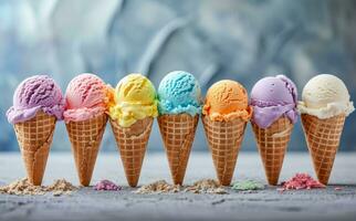 AI generated ice creams with several different flavors of ice cream in cones photo