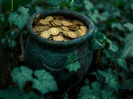 AI generated a pot of coins sitting on top of leaves photo