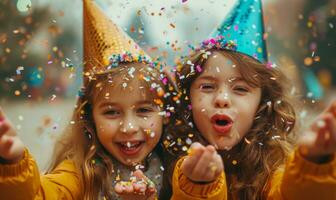AI generated little girls with party hats blowing confetti photo