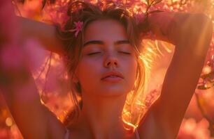 AI generated a young woman stretching her arms in an orange tree photo