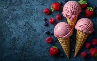 AI generated ice cream with strawberries and raspberries and waffle cones photo