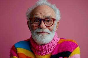 ai generado más viejo hombre vistiendo lentes en un alegre suéter con rosado pompón foto