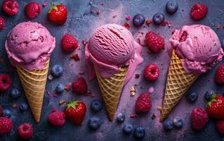 AI generated ice cream with strawberries and raspberries and waffle cones photo