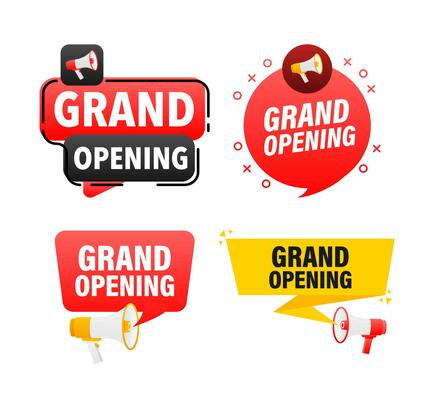 Megaphone label set with text grand opening. Grand opening announcement banner
