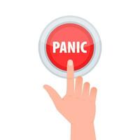 Red button with help text Panic. Hand pressing panic button vector