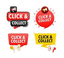 Megaphone label set with text Click and Collect. Click and Collect announcement banner vector