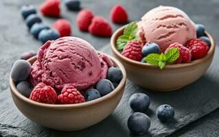 AI generated ice cream with raspberry and blueberries in bowls on a flat stone surface photo