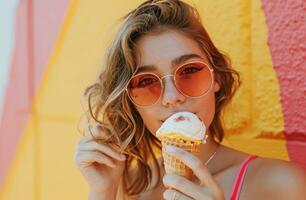 ai generado un joven mujer vistiendo Gafas de sol comiendo un cono de hielo crema foto