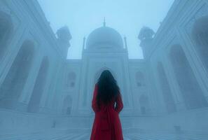 AI generated girl standing in a red coat inside a white buddhist building photo