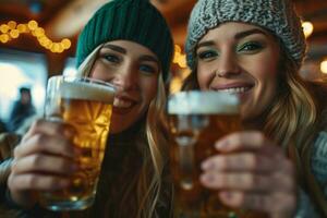 AI generated two women wearing leprechaun hats holding beer photo