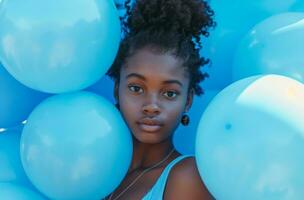 AI generated a young woman poses while holding several blue balloons in her hands photo