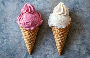 AI generated two cream cones with different kinds of ice cream photo