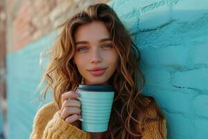 AI generated woman holding a cup of coffee photo