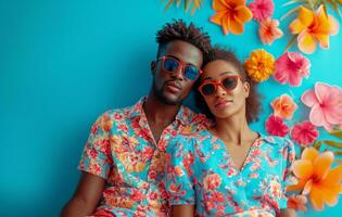 AI generated man and woman with sunglasses sitting on blue background photo