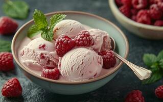 AI generated a bowl with ice cream, raspberries, and a spoon with the scoop in the middle photo