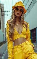 AI generated woman wearing yellow pants hat with sunglasses photo