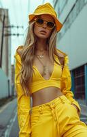 ai generado mujer vistiendo amarillo pantalones sombrero con Gafas de sol foto