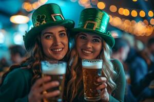 ai generado dos mujer vistiendo duende sombreros participación cerveza foto