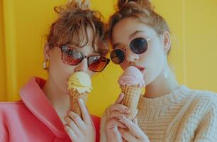 ai generado dos mujer comiendo hielo crema conos con Gafas de sol juntos foto