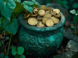 AI generated a pot of coins sitting on top of leaves photo