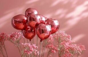 ai generado San Valentín día arreglo con frustrar globos en un rosado antecedentes foto
