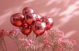 AI generated valentine's day arrangement with foil balloons on a pink background photo