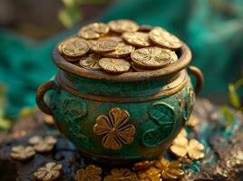 AI generated the pot of coins with five shamrocks on it photo