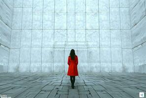 AI generated girl standing in a red coat inside a white buddhist building photo