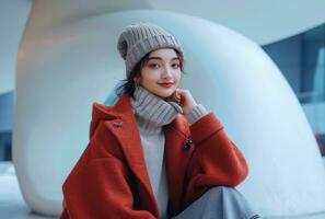 AI generated young woman sitting at a big round white circle wearing a red coat and hat photo