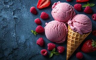 ai generado hielo crema con fresas y frambuesas y gofre conos foto