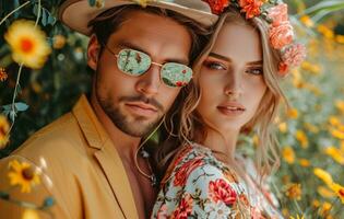 AI generated beautiful couple in a fashionable pose outdoors in the summer photo