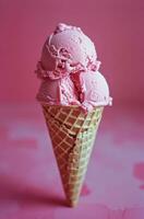 AI generated ice cream cone with scoop of ice cream on a pink background photo