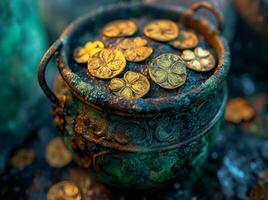 AI generated the pot of coins with five shamrocks on it photo