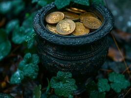 AI generated a pot of coins sitting on top of leaves photo