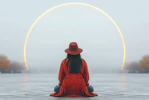 AI generated young woman sitting at a big round white circle wearing a red coat and hat photo