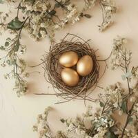 AI generated golden eggs in a circle surrounded by twigs and greens photo