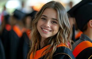 ai generado graduado mujer en graduación batas sonriente foto